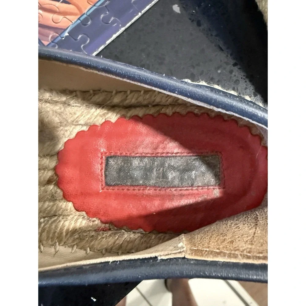 Carolina Herrera CH Initial Embossed Navy Glove Leather Espadrilles Flats Sz. 38